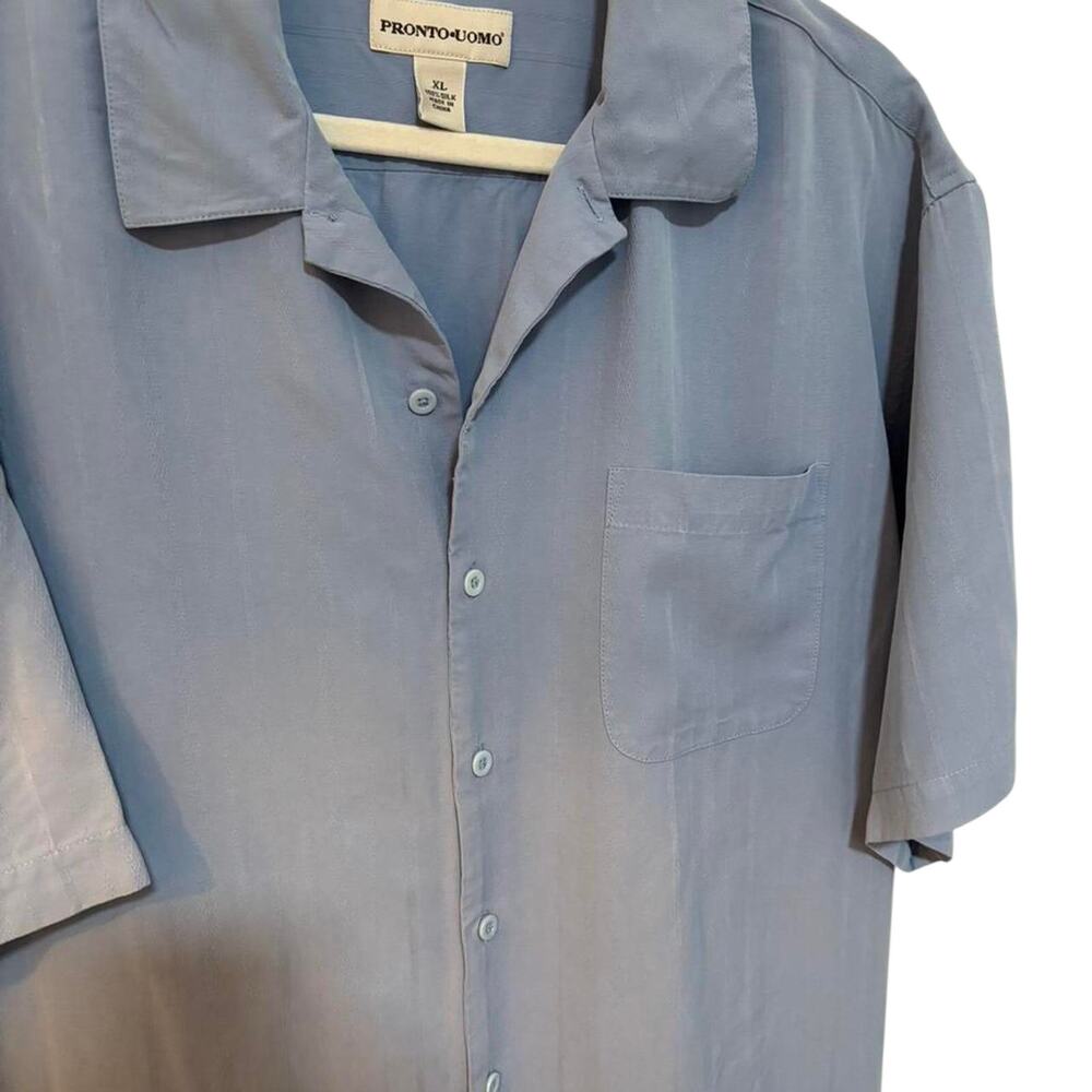 Pronto Uomo 100% Silk Blue Short Sleeve Button Up Shirt Men’s XL Luxury - Picture 5 of 7